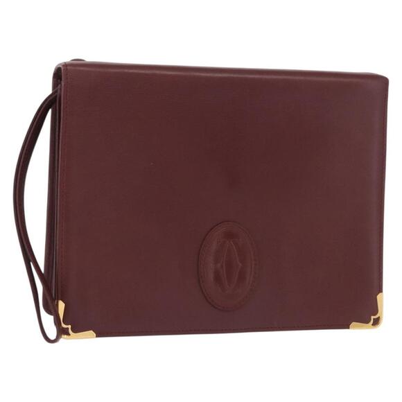 CARTIER Must Line Clutch Bag Leather Bordeaux Gold Auth BA9535